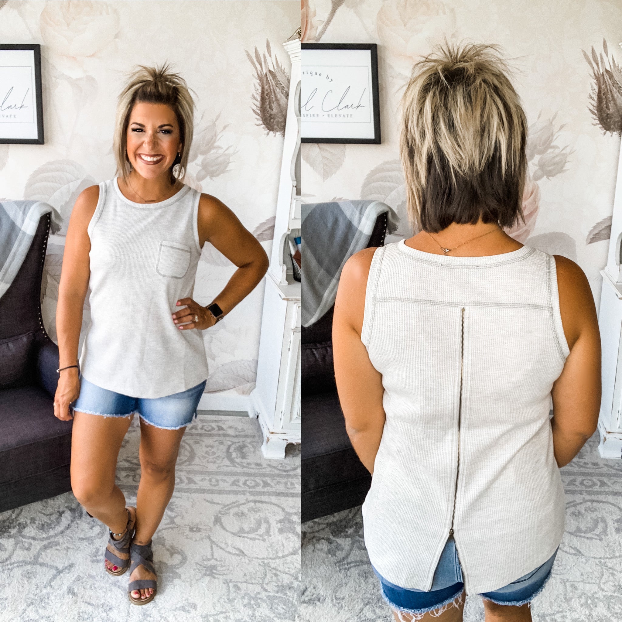 Don't Look Zipper Back Tank - Light Grey