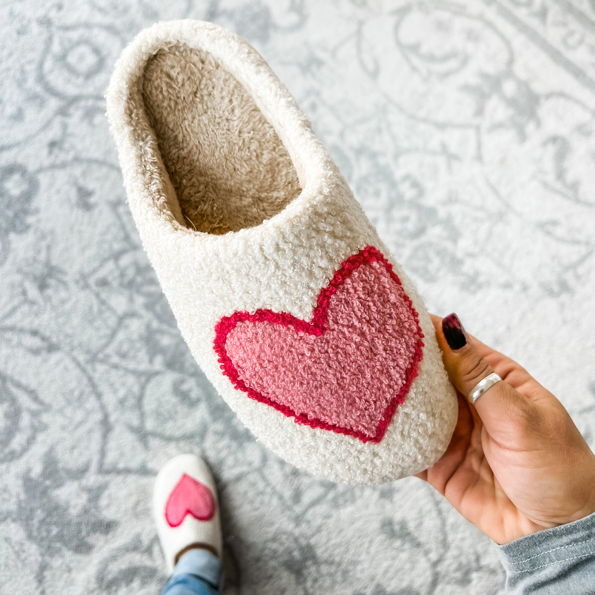 Pink & Red Heart Fuzzy Sherpa Slippers
