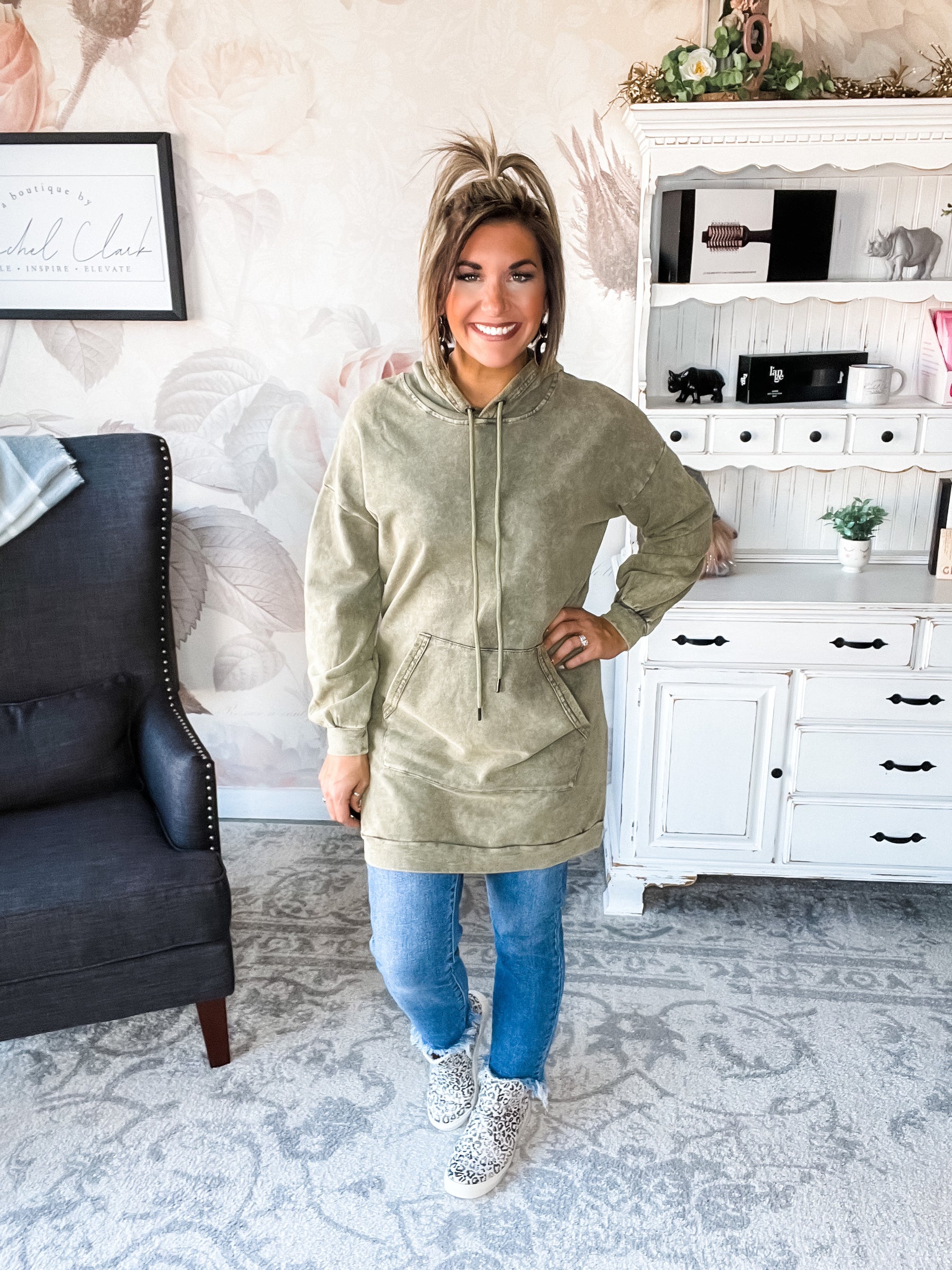 Fight For It Acid Wash Hooded Tunic Dress
