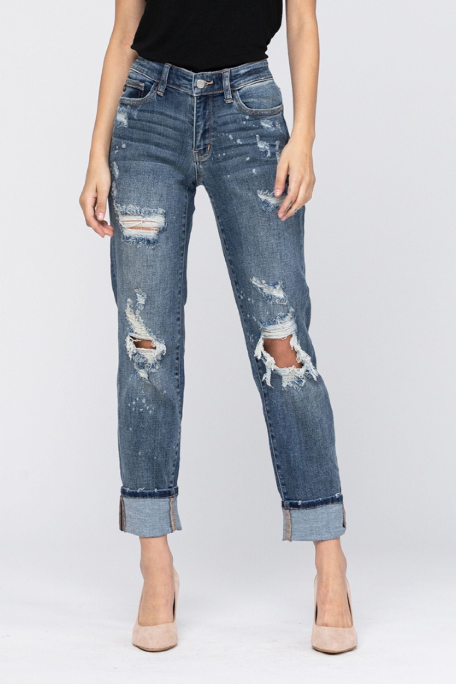 Judy Blue Bleach Splatter Boyfriend Jeans - Dark Wash