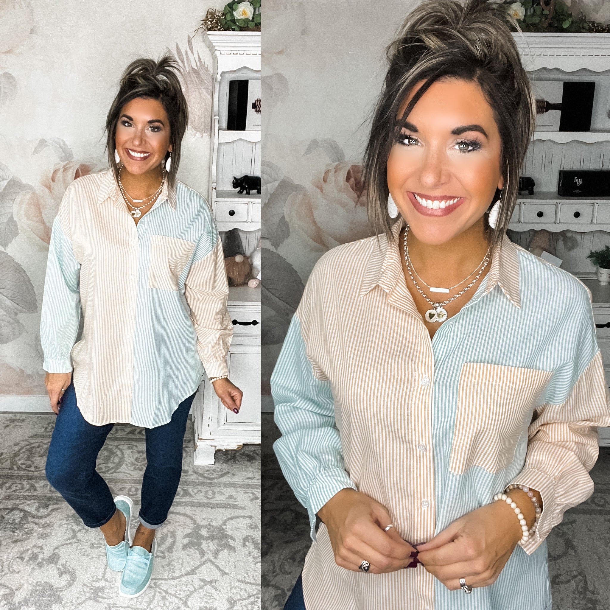 Living Our Best Button Down - Mustard/Sage