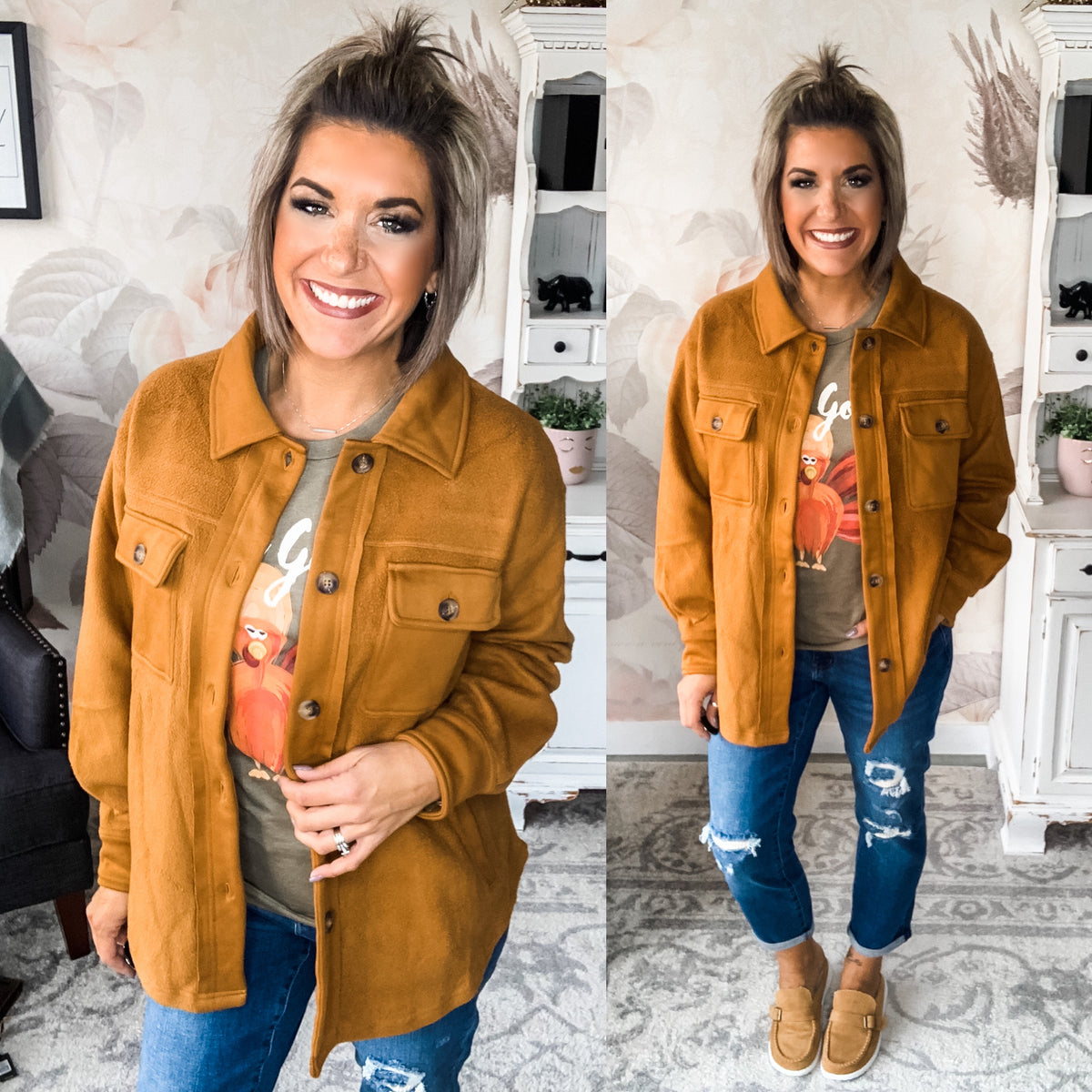 Morning Snuggles Button Down Shacket - Camel