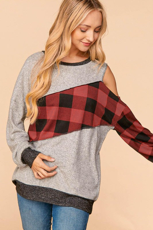 On The Fritz Cold Shoulder Pullover Top - Buffalo Plaid