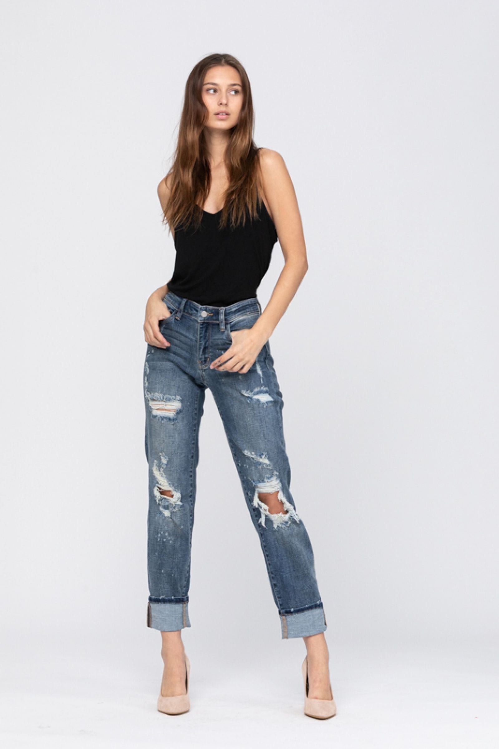 Judy Blue Bleach Splatter Boyfriend Jeans - Dark Wash