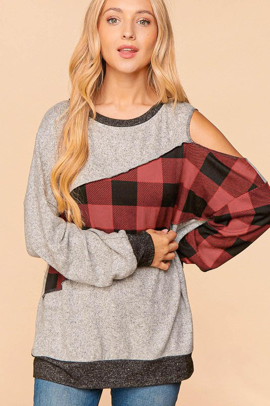On The Fritz Cold Shoulder Pullover Top - Buffalo Plaid