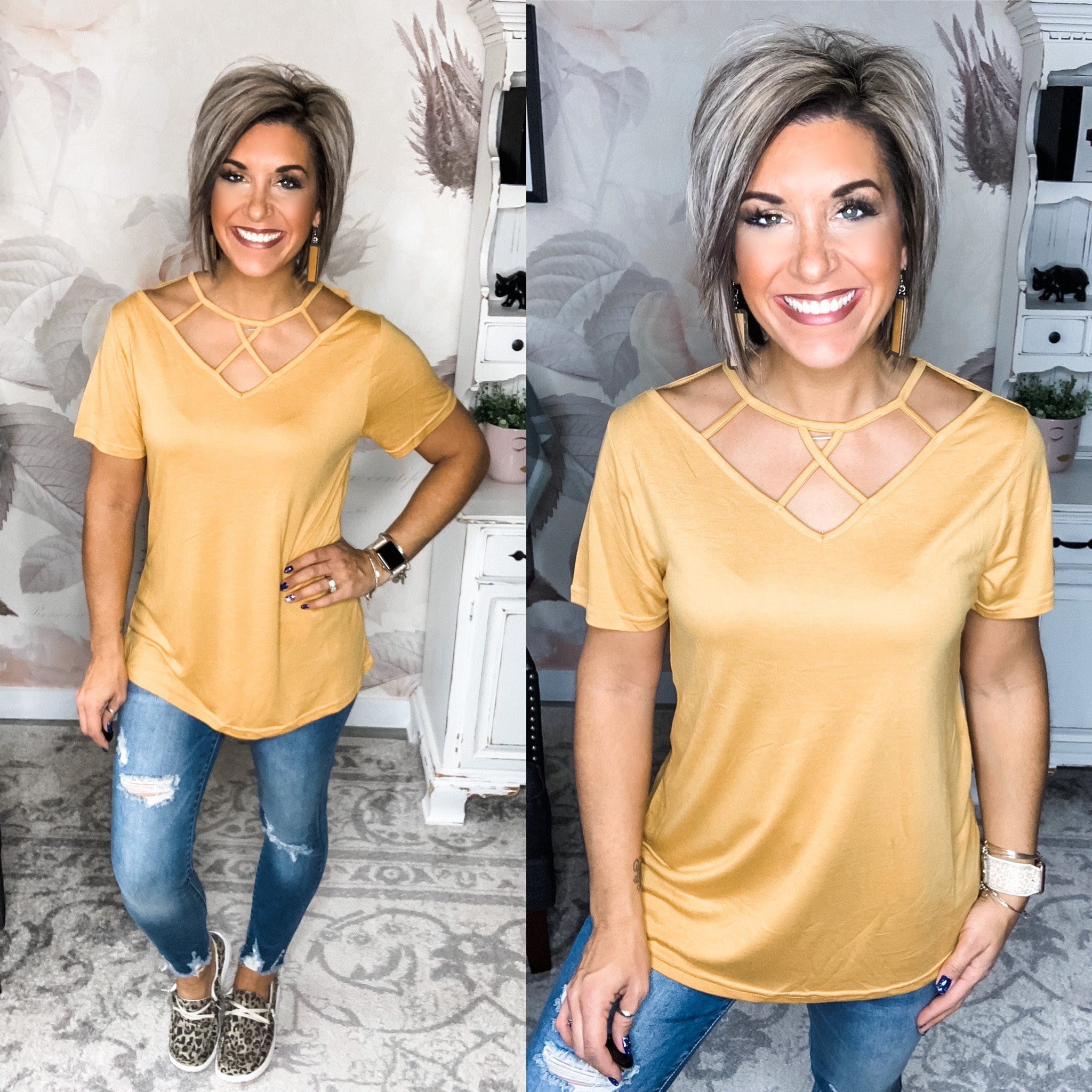 Vineyard Day Caged Neckline Tee - Mustard