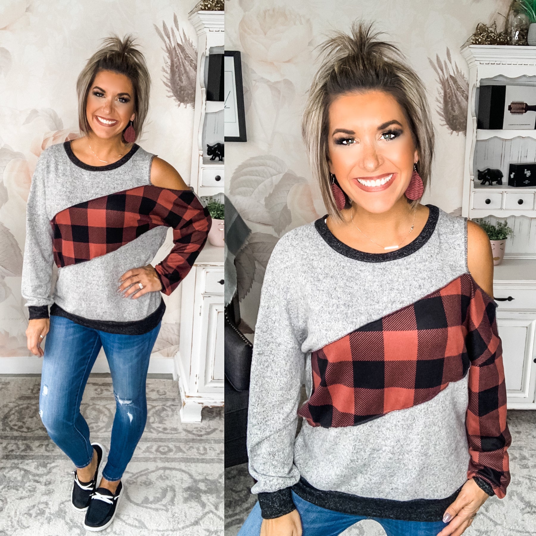 On The Fritz Cold Shoulder Pullover Top - Buffalo Plaid