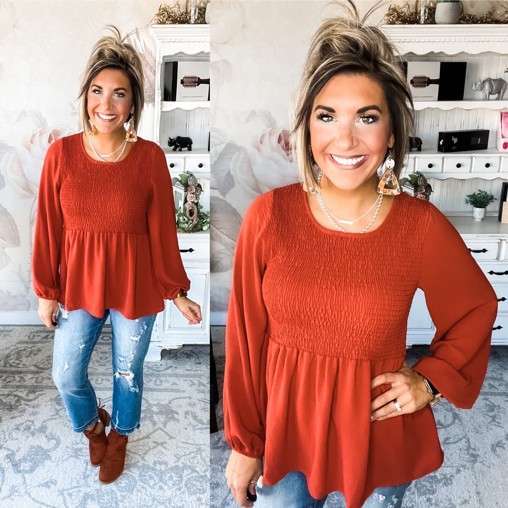 Wishing for Change Smocked Top - Rust