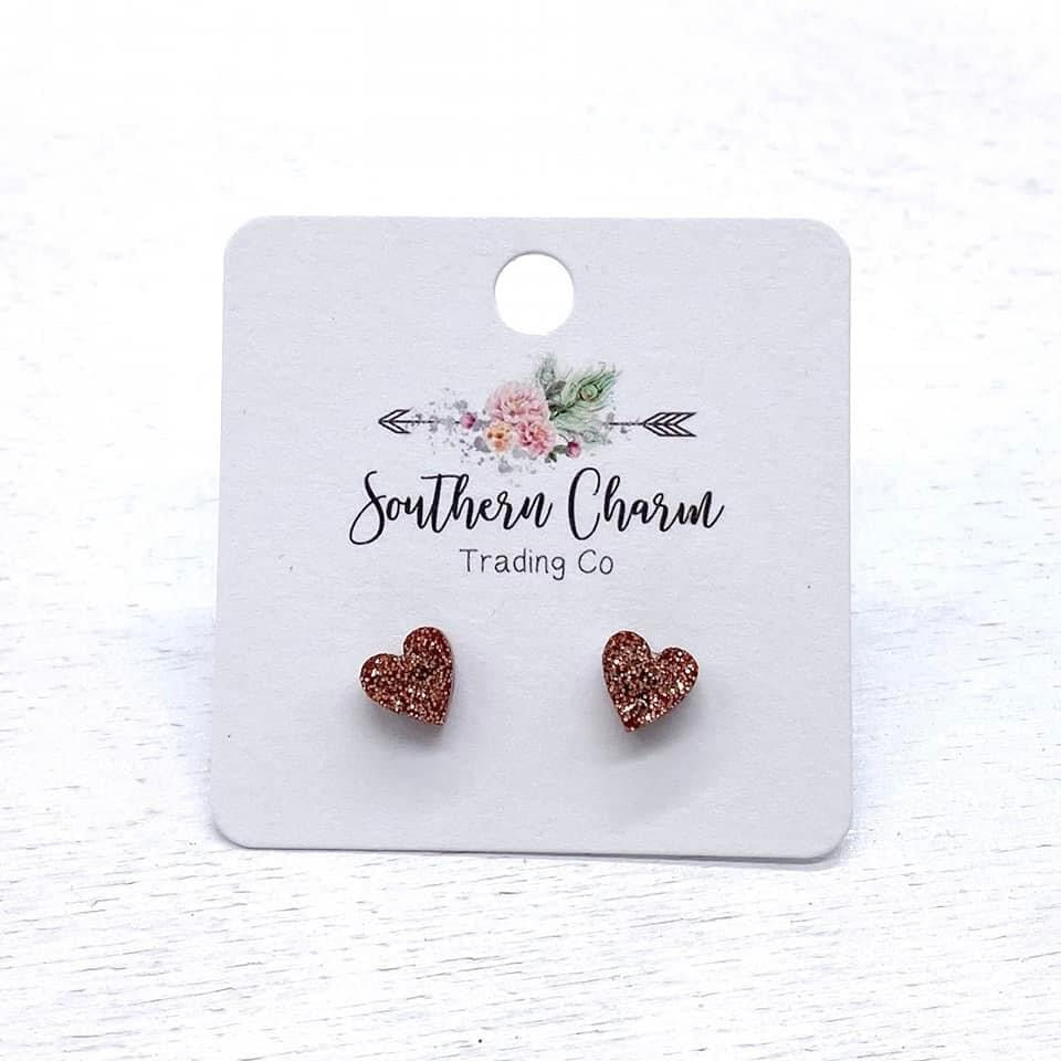 Tiny Rose Gold Glitter Heart Earrings