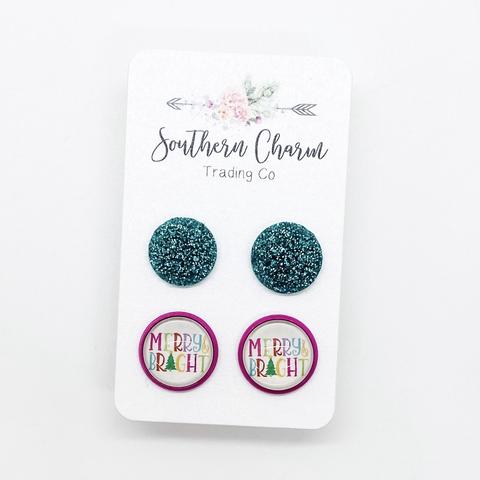 Merry & Bright Teal Glitter Duo Studs