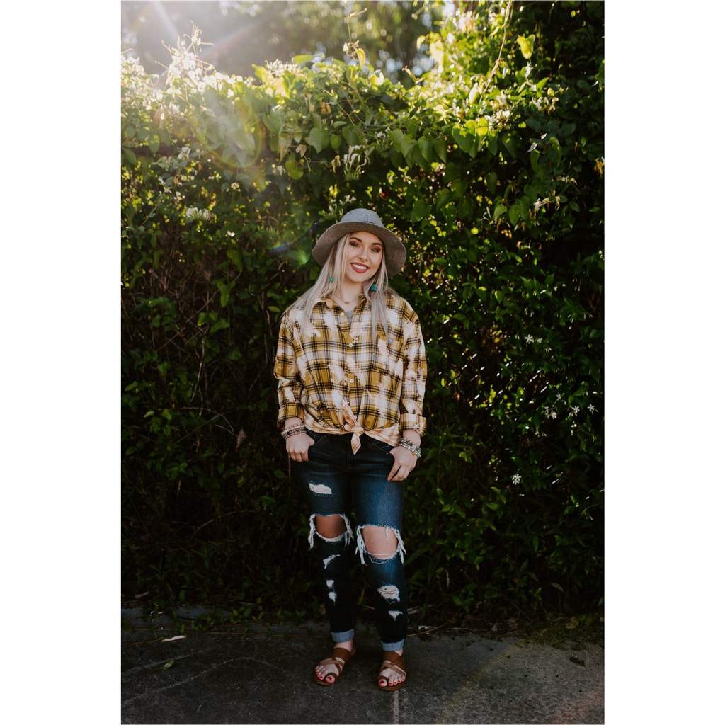 Mustard Bleached Plaid Button Down