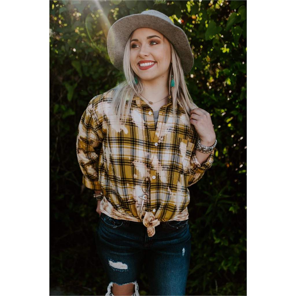 Mustard Bleached Plaid Button Down