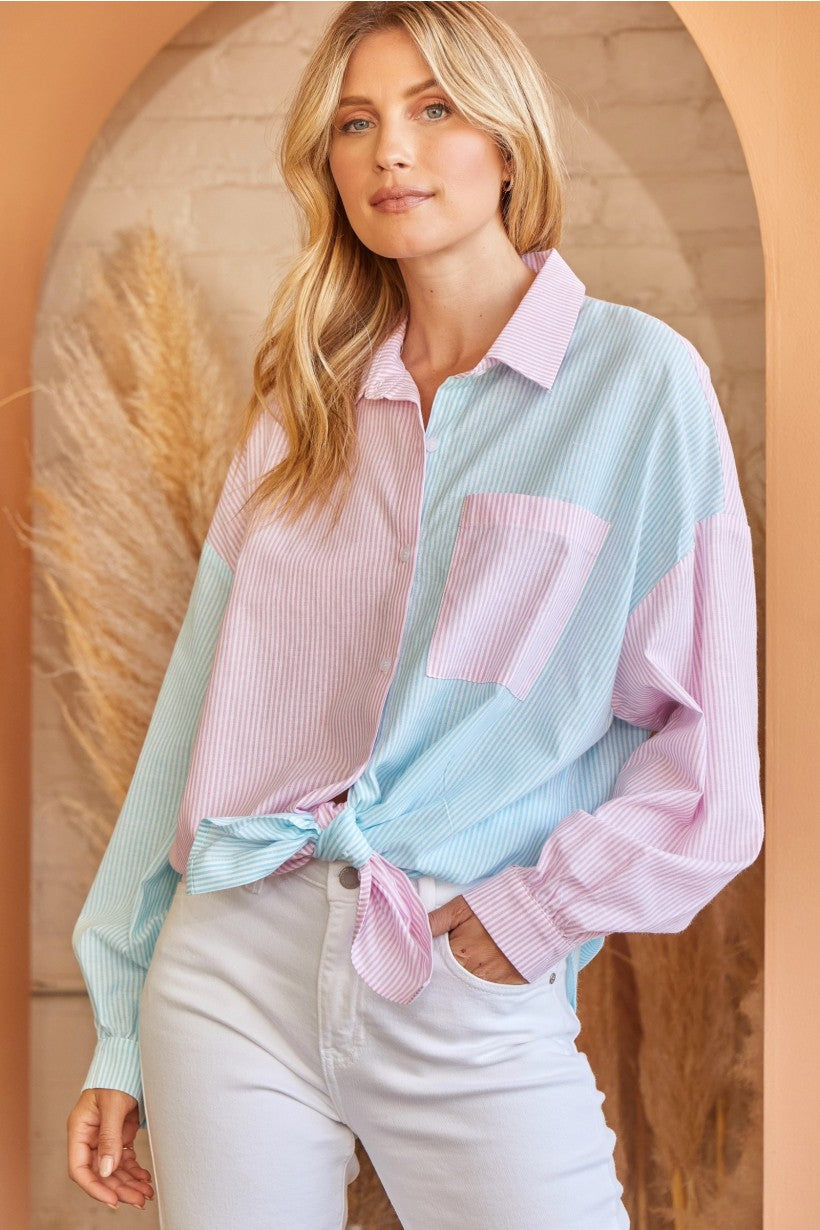 Living Our Best Button Down - Pink/Aqua