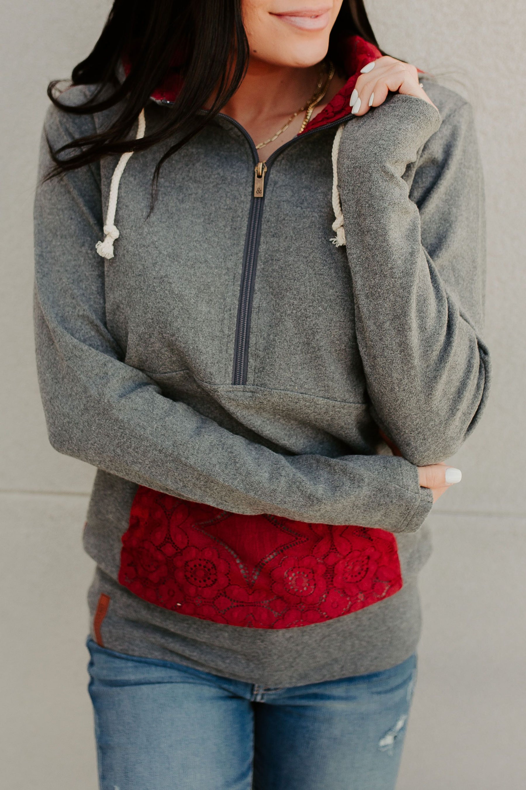 Ampersand Avenue - Halfzip Hoodie Laced Up - Heather Grey & Burgundy