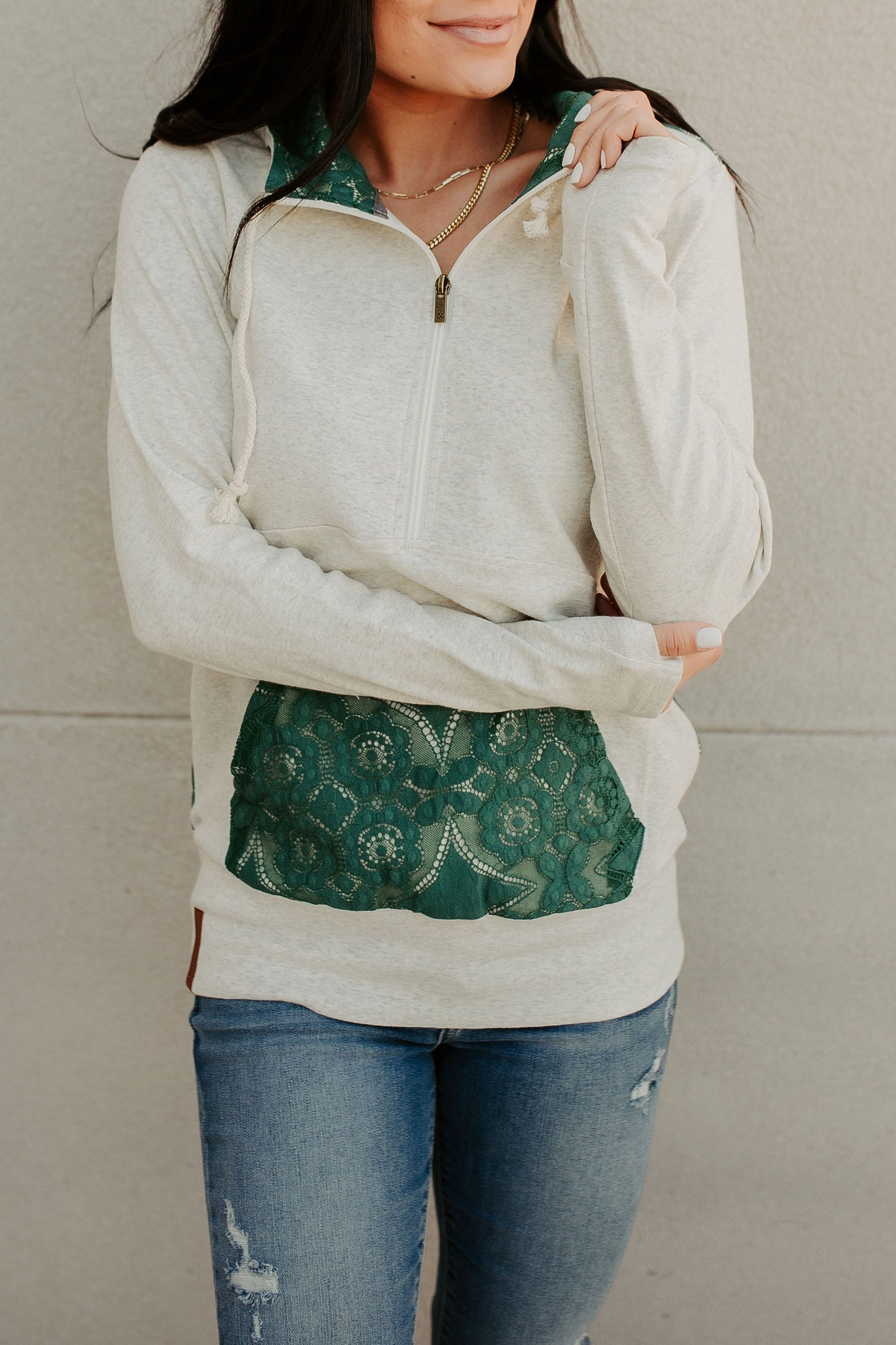 Ampersand Avenue - Halfzip Hoodie Laced Up - Oatmeal & Evergreen